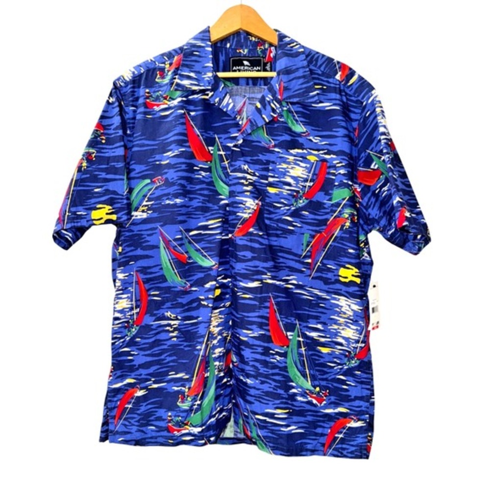 NEW American Living Sailboat Print‎ Mens Large Short Sleeve Blue Nautical Shirt